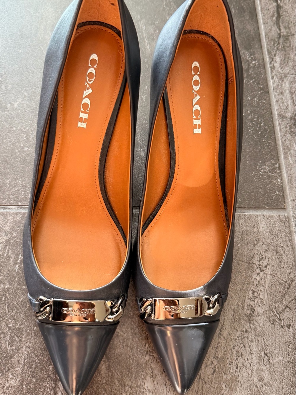 Coach Black Pointed-Toe Leather Heels with Silver Chain Accent